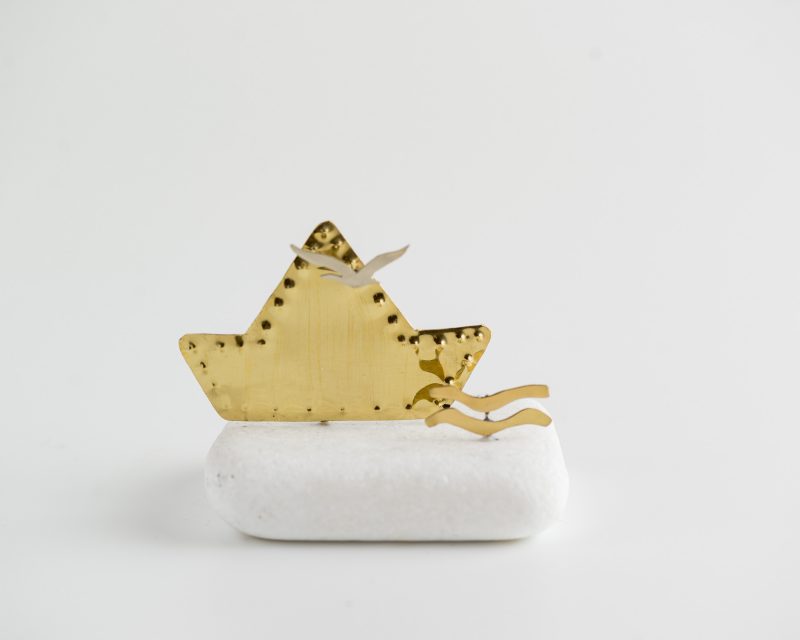 Handmade Boat With Seagull and Waves on Marble